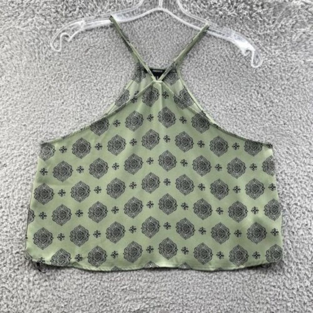 Forever 21 Top Womens Olive Green Cropped Boho Pattern Halter Top Ladies M‎